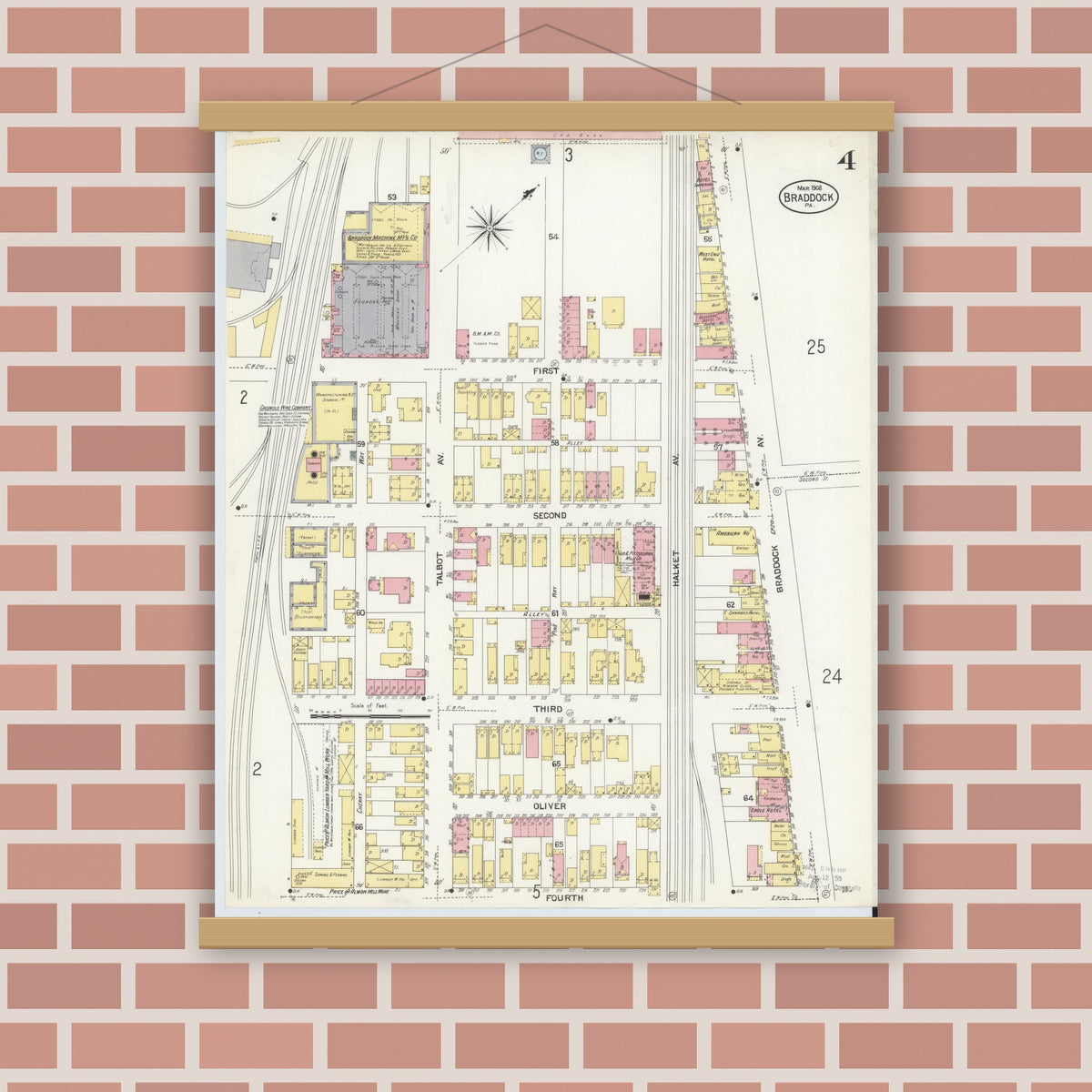 Old map wall art mockup — magnetic wood frame on brick wall — Sanborn Fire Insurance Map from Braddock, Allegheny County, Pennsylvania (1908), Sheet #0004