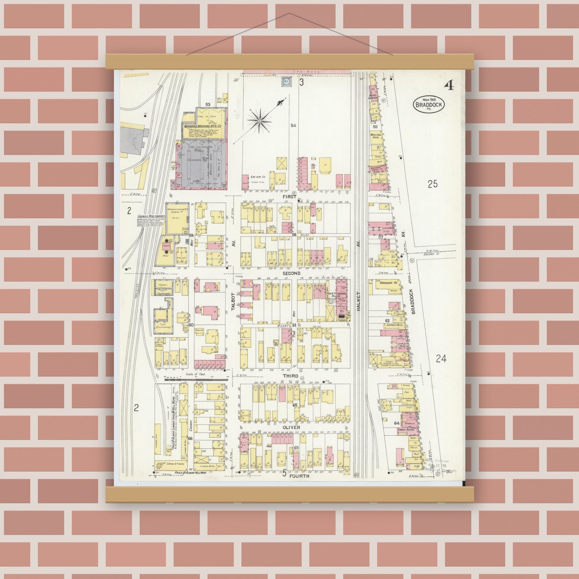 Old map wall art mockup — magnetic wood frame on brick wall — Sanborn Fire Insurance Map from Braddock, Allegheny County, Pennsylvania (1908), Sheet #0004