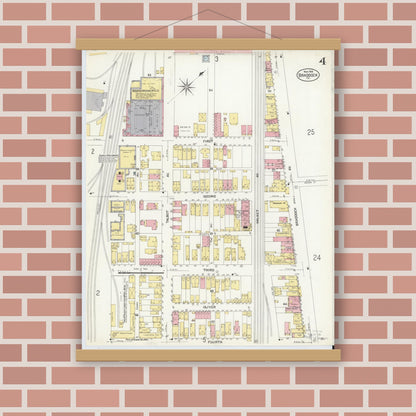 Old map wall art mockup — magnetic wood frame on brick wall — Sanborn Fire Insurance Map from Braddock, Allegheny County, Pennsylvania (1908), Sheet #0004