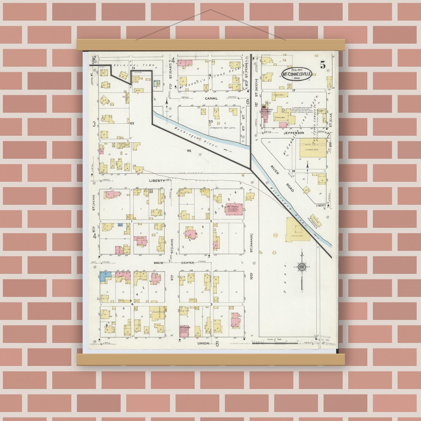 Old map wall art mockup — magnetic wood frame on brick wall — Sanborn Fire Insurance Map from McConnelsville, Morgan County, Ohio (1917), Sheet #0005