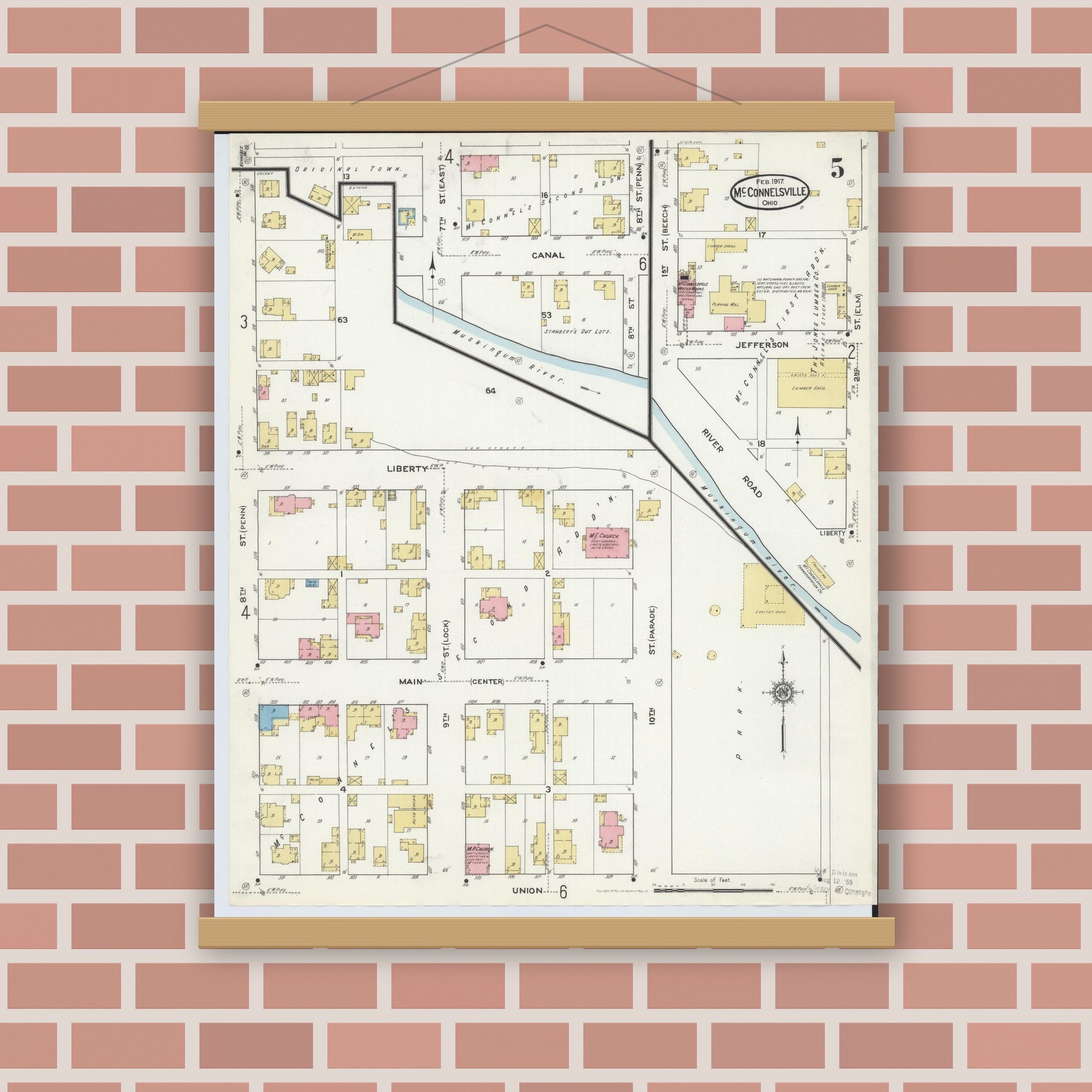 Old map wall art mockup — magnetic wood frame on brick wall — Sanborn Fire Insurance Map from McConnelsville, Morgan County, Ohio (1917), Sheet #0005