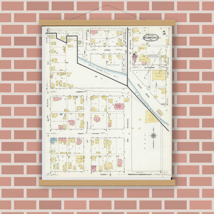 Old map wall art mockup — magnetic wood frame on brick wall — Sanborn Fire Insurance Map from McConnelsville, Morgan County, Ohio (1917), Sheet #0005