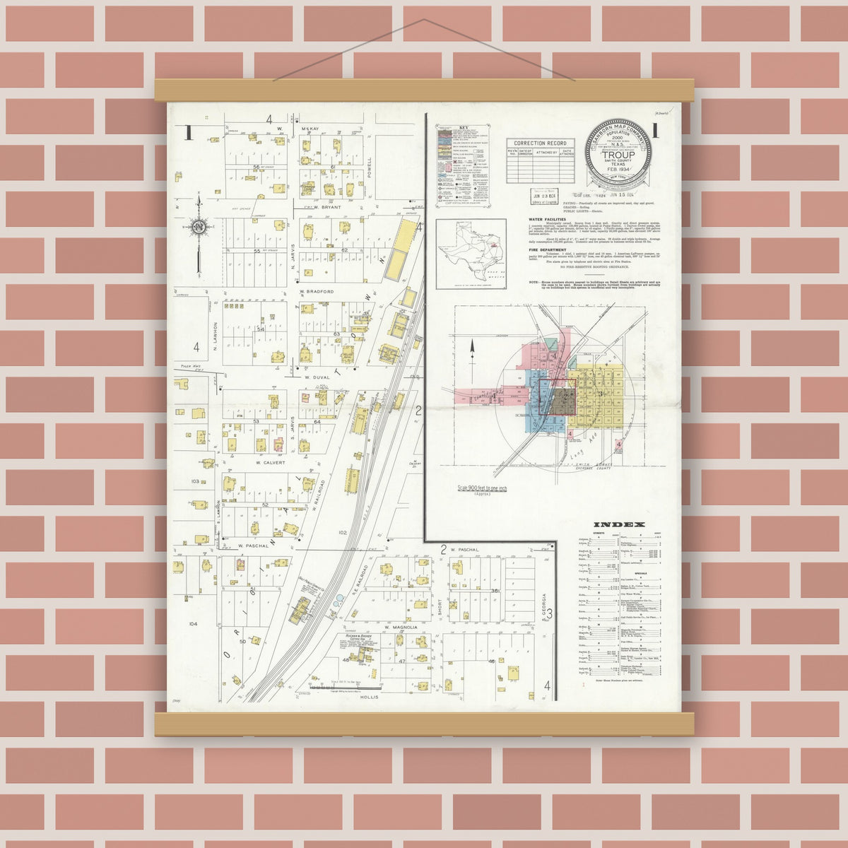 Old map wall art mockup — magnetic wood frame on brick wall — Sanborn Fire Insurance Map from Troup, Smith County, Texas (1934), Sheet #0001