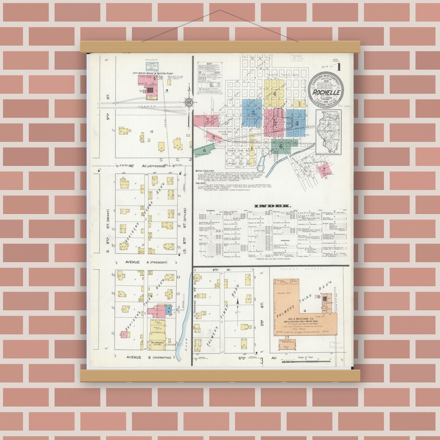 Old map wall art mockup — magnetic wood frame on brick wall — Sanborn Fire Insurance Map from Rochelle, Ogle County, Illinois (1912), Sheet #0001