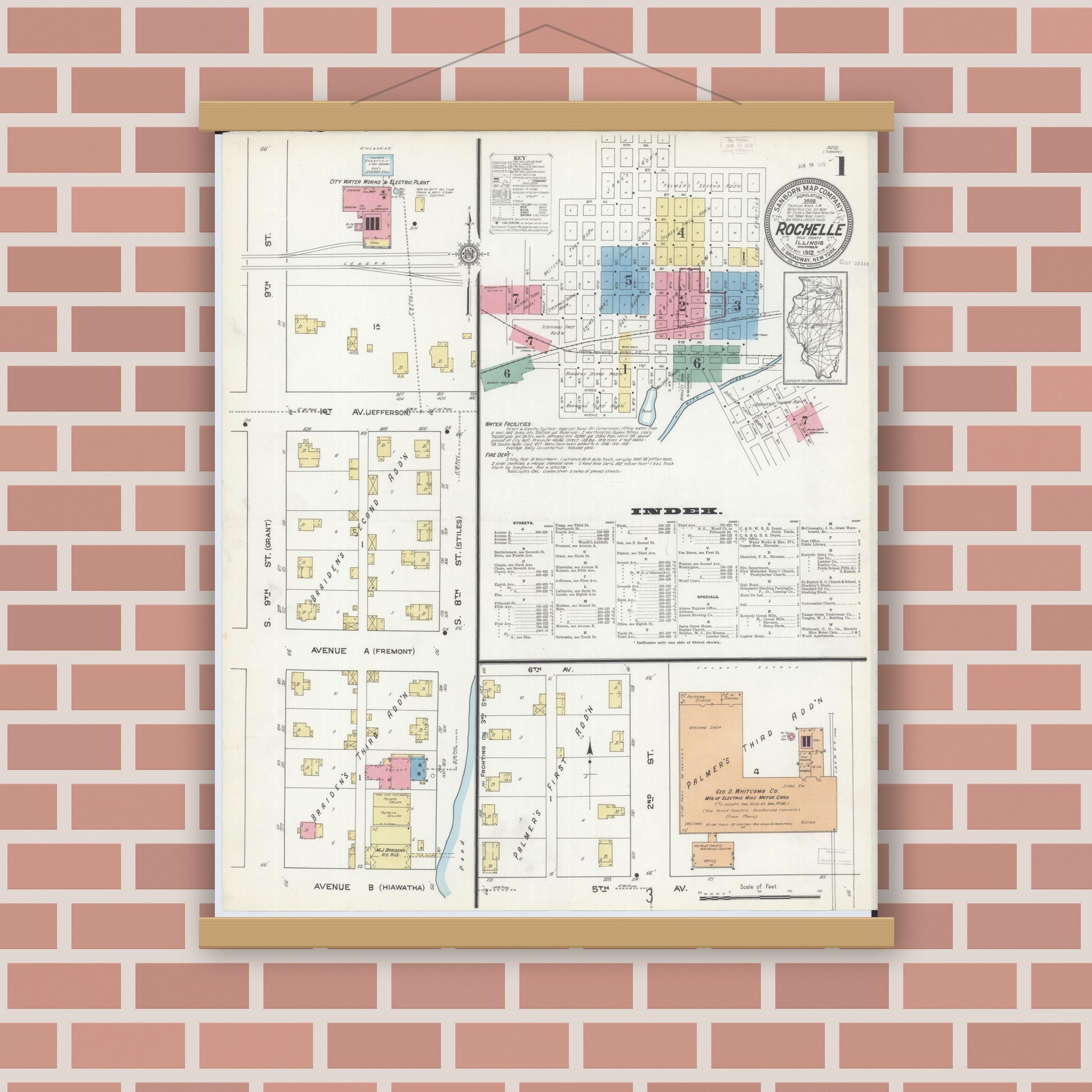 Old map wall art mockup — magnetic wood frame on brick wall — Sanborn Fire Insurance Map from Rochelle, Ogle County, Illinois (1912), Sheet #0001