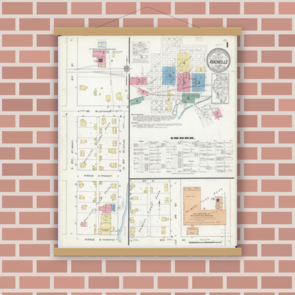 Old map wall art mockup — magnetic wood frame on brick wall — Sanborn Fire Insurance Map from Rochelle, Ogle County, Illinois (1912), Sheet #0001