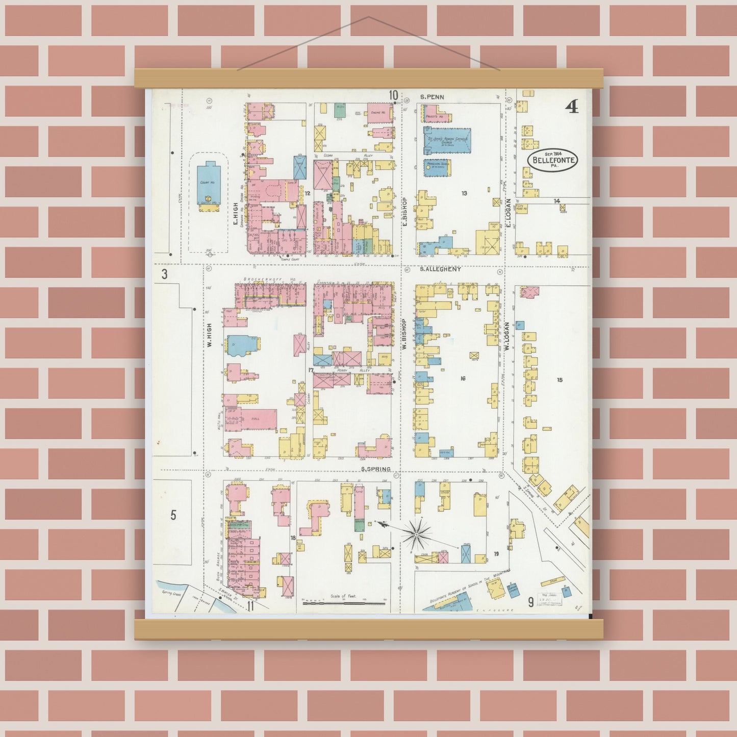 Old map wall art mockup — magnetic wood frame on brick wall — Sanborn Fire Insurance Map from Bellefonte, Centre County, Pennsylvania (1904), Sheet #0004