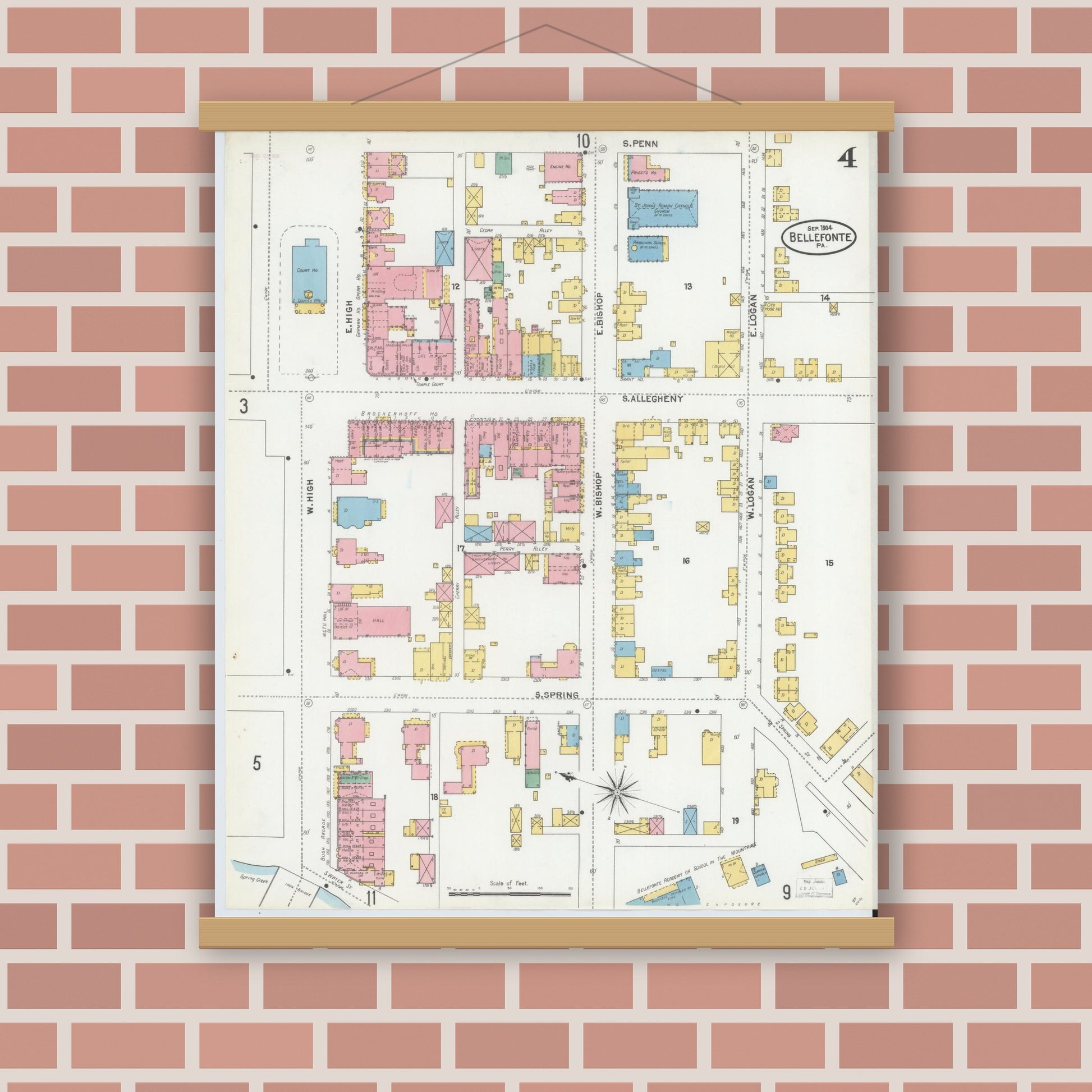 Old map wall art mockup — magnetic wood frame on brick wall — Sanborn Fire Insurance Map from Bellefonte, Centre County, Pennsylvania (1904), Sheet #0004