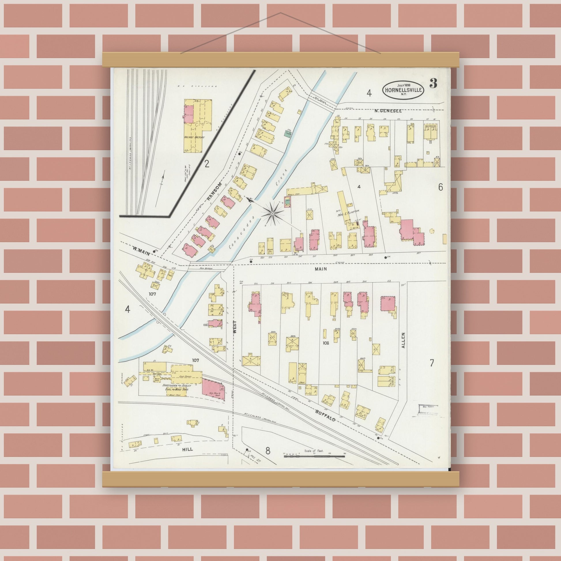 Old map wall art mockup — magnetic wood frame on brick wall — Sanborn Fire Insurance Map from Hornell, Steuben County, New York (1898), Sheet #0003