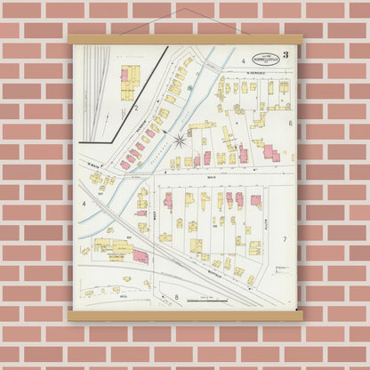 Old map wall art mockup — magnetic wood frame on brick wall — Sanborn Fire Insurance Map from Hornell, Steuben County, New York (1898), Sheet #0003