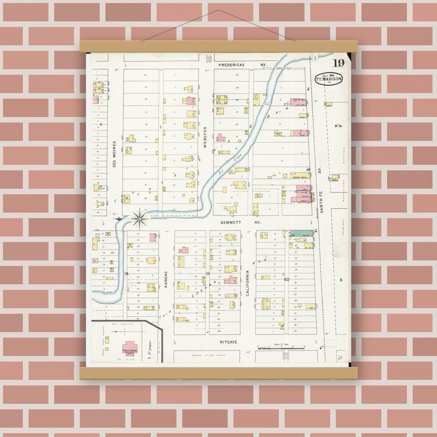 Old map wall art mockup — magnetic wood frame on brick wall — Sanborn Fire Insurance Map from Fort Madison, Lee County, Iowa (1894), Sheet #0019