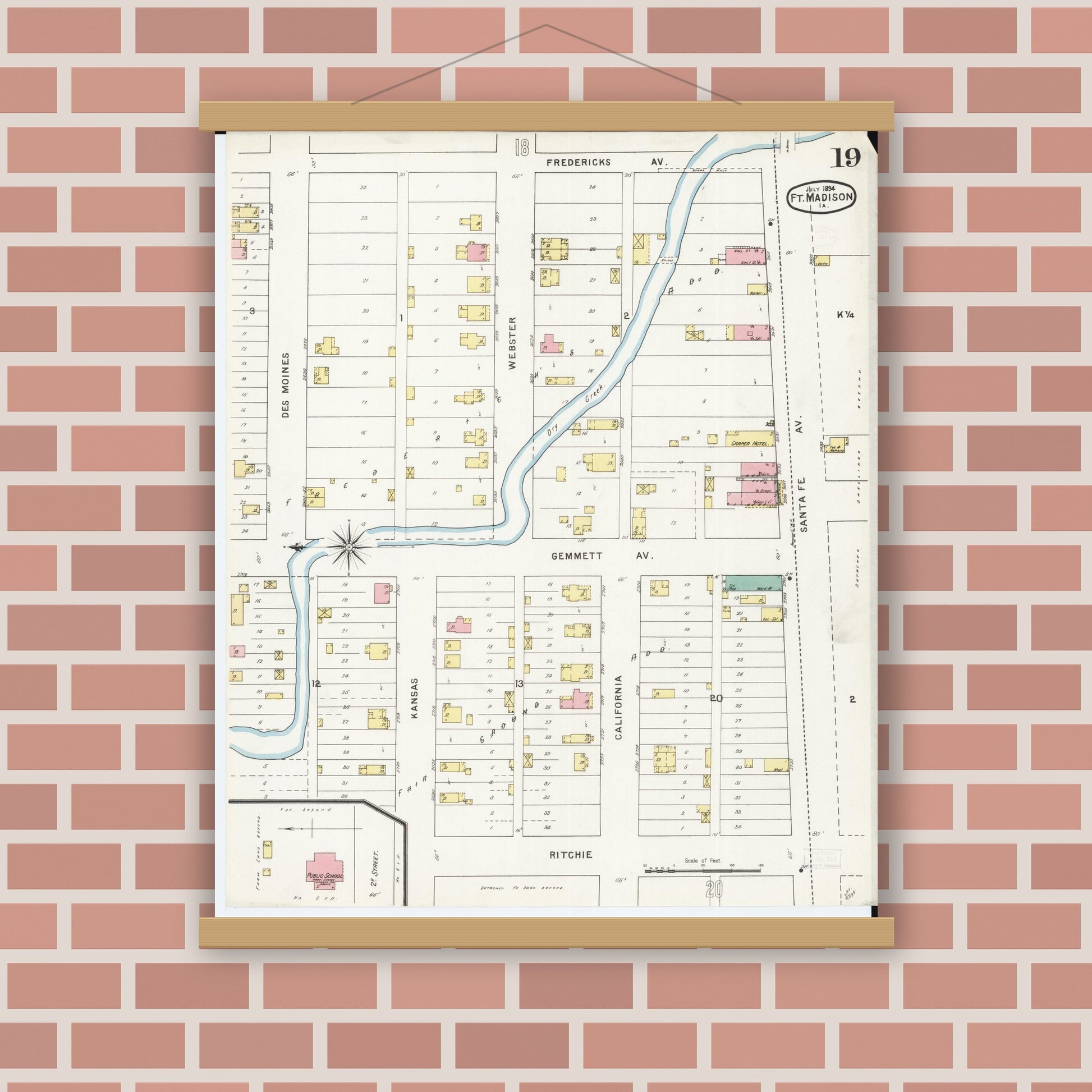 Old map wall art mockup — magnetic wood frame on brick wall — Sanborn Fire Insurance Map from Fort Madison, Lee County, Iowa (1894), Sheet #0019