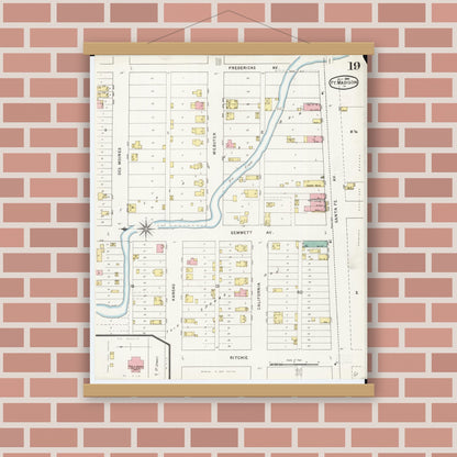 Old map wall art mockup — magnetic wood frame on brick wall — Sanborn Fire Insurance Map from Fort Madison, Lee County, Iowa (1894), Sheet #0019