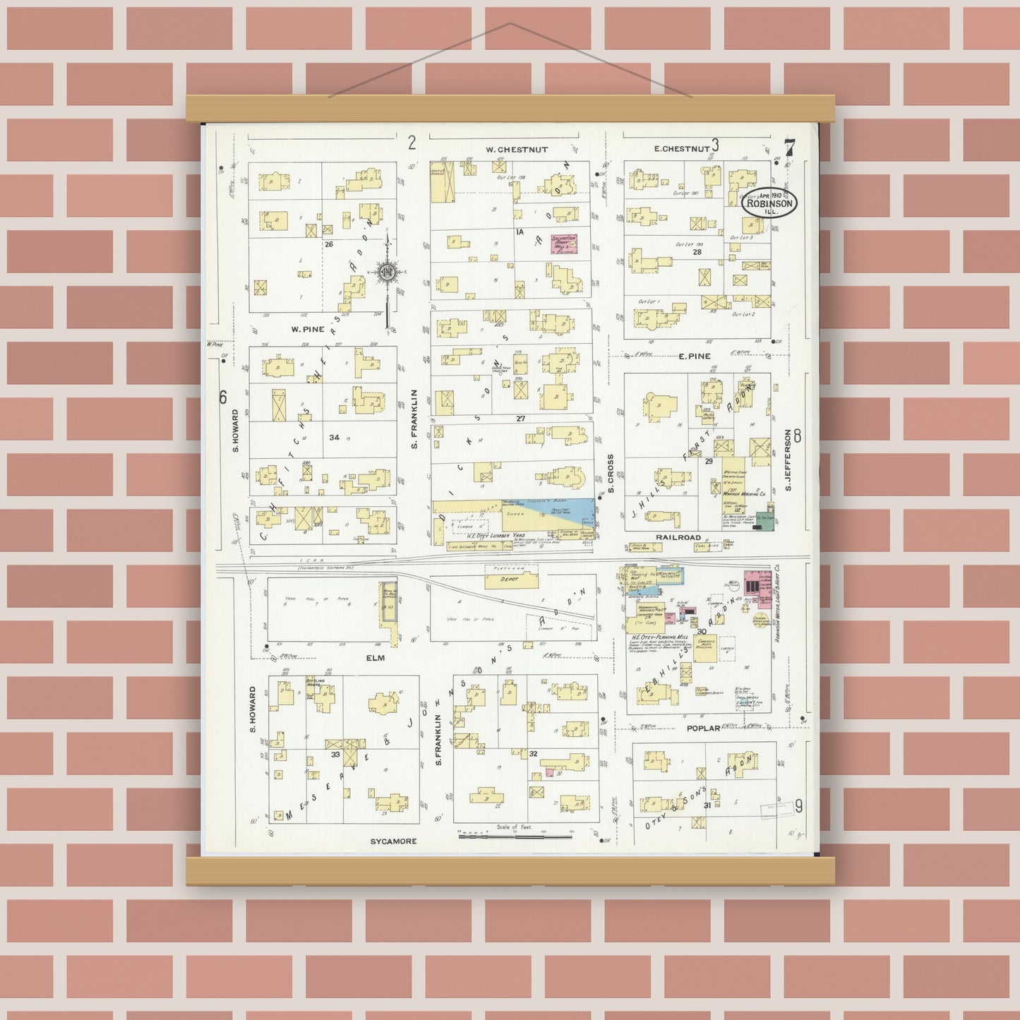 Old map wall art mockup — magnetic wood frame on brick wall — Sanborn Fire Insurance Map from Robinson, Crawford County, Illinois (1910), Sheet #0007
