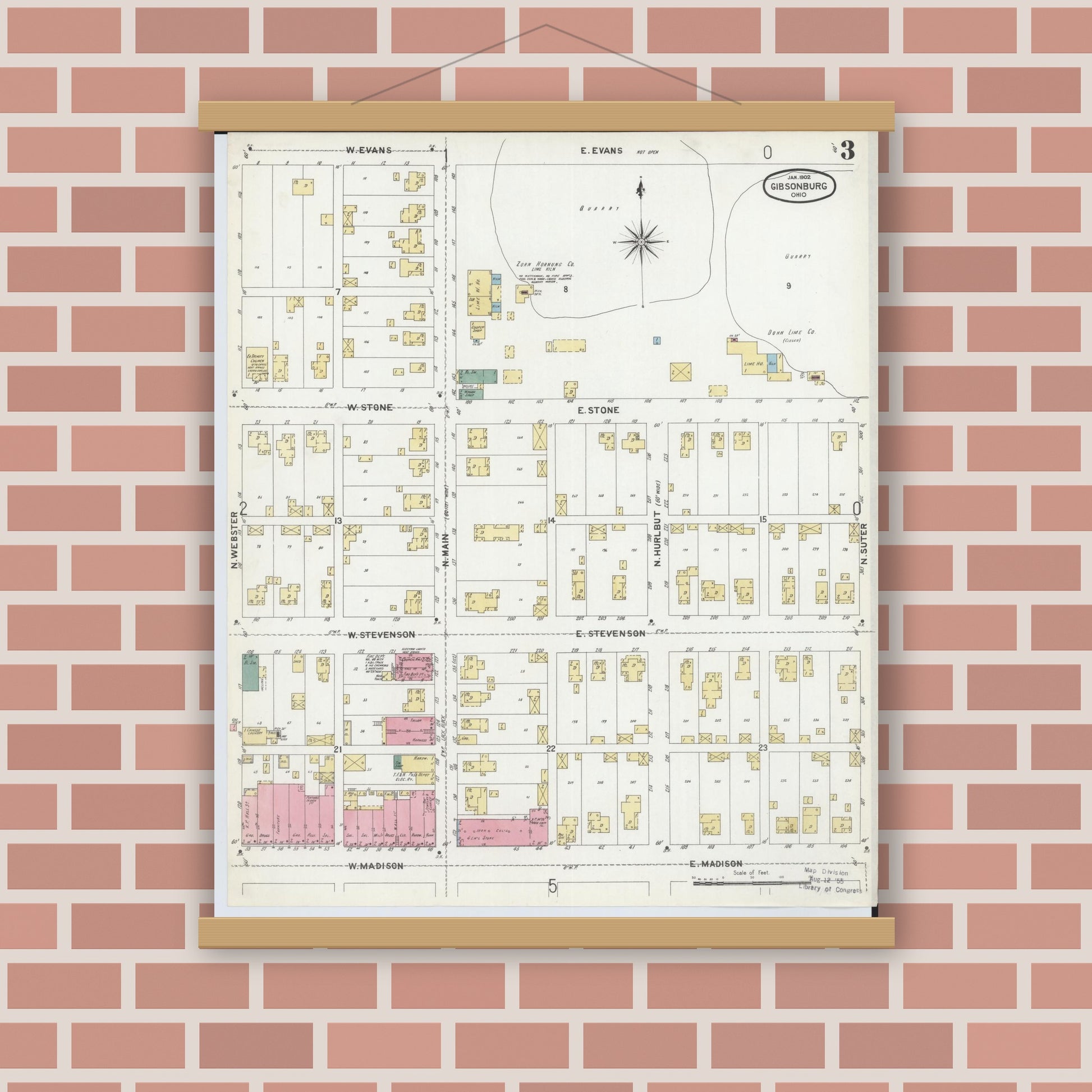 Old map wall art mockup — magnetic wood frame on brick wall — Sanborn Fire Insurance Map from Gibsonburg, Sandusky County, Ohio (1902), Sheet #0003