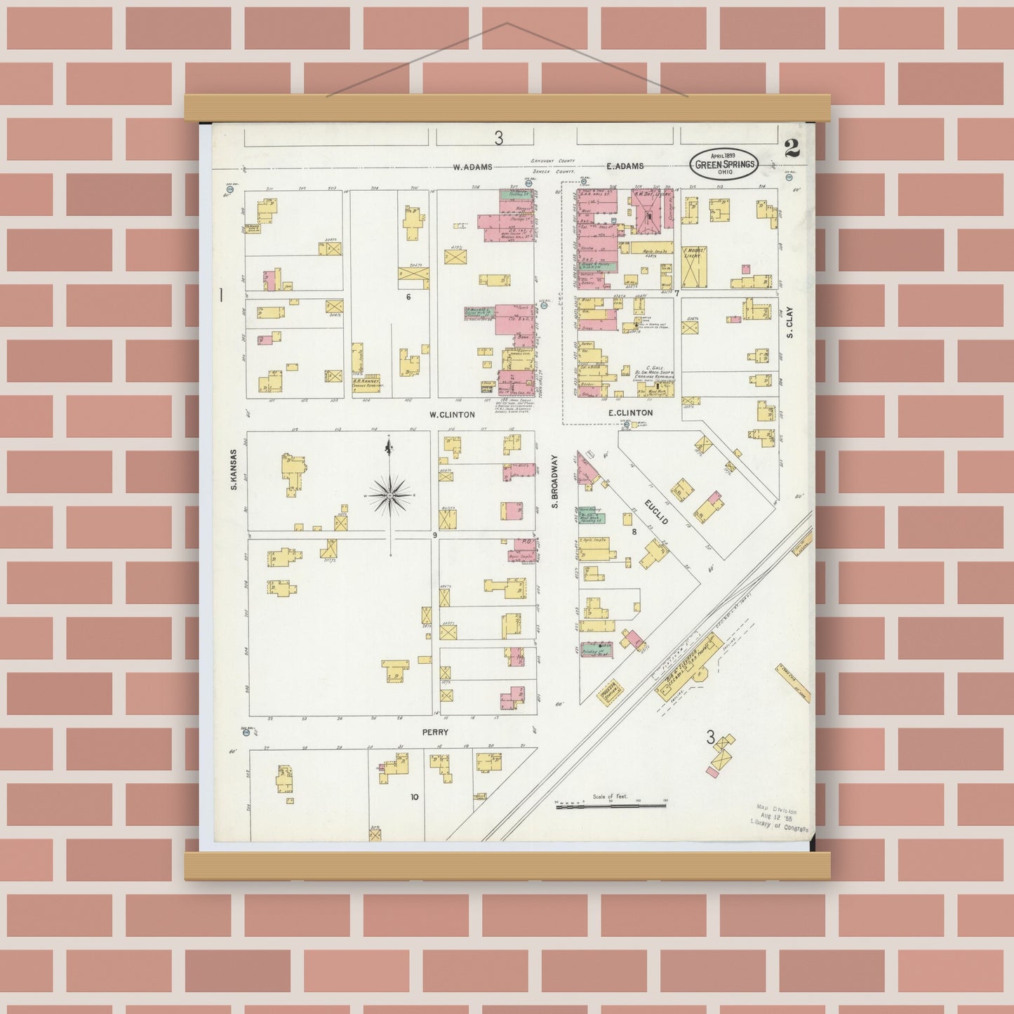 Old map wall art mockup — magnetic wood frame on brick wall — Sanborn Fire Insurance Map from Green Springs, Sandusky And Seneca Counties, Ohio (1899), Sheet #0002