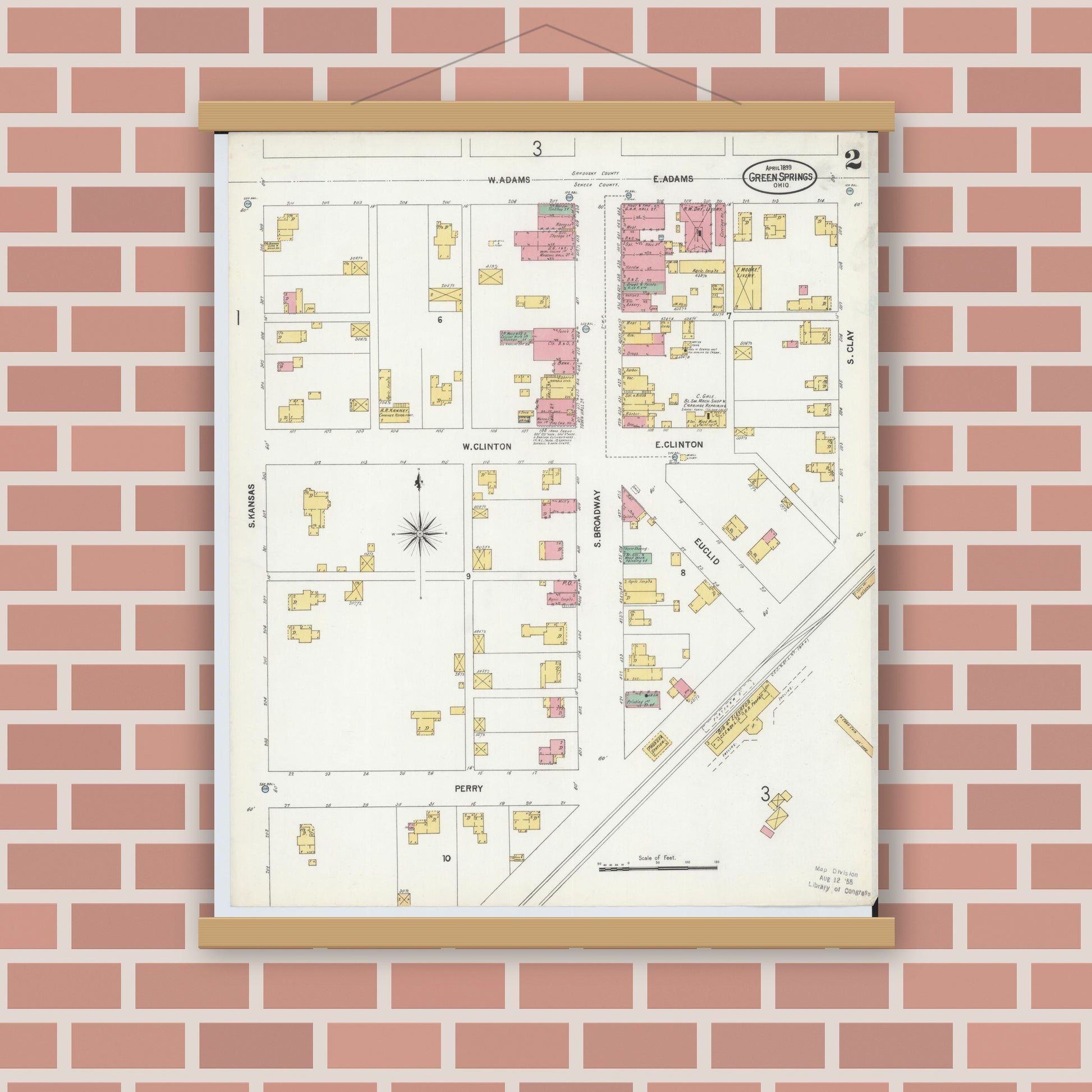 Old map wall art mockup — magnetic wood frame on brick wall — Sanborn Fire Insurance Map from Green Springs, Sandusky And Seneca Counties, Ohio (1899), Sheet #0002