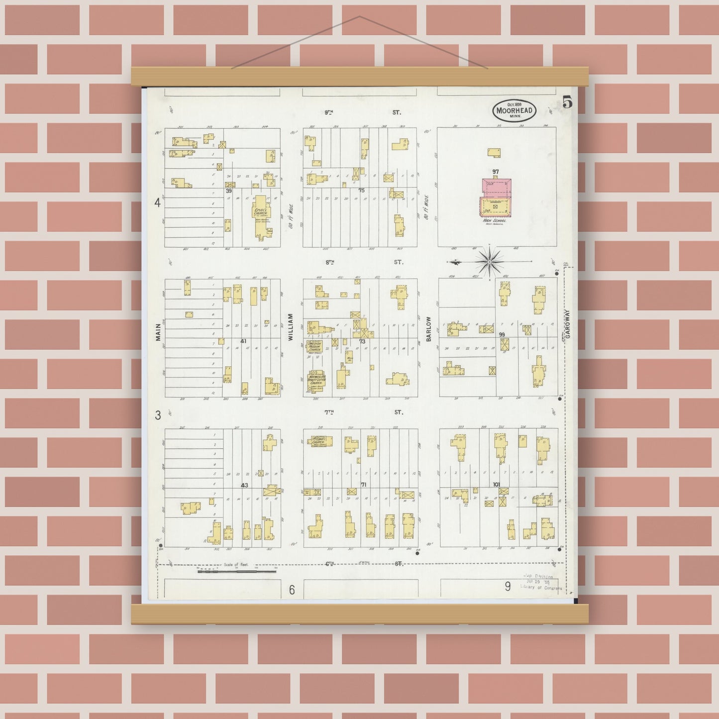 Old map wall art mockup — magnetic wood frame on brick wall — Sanborn Fire Insurance Map from Moorhead, Clay County, Minnesota (1899), Sheet #0005