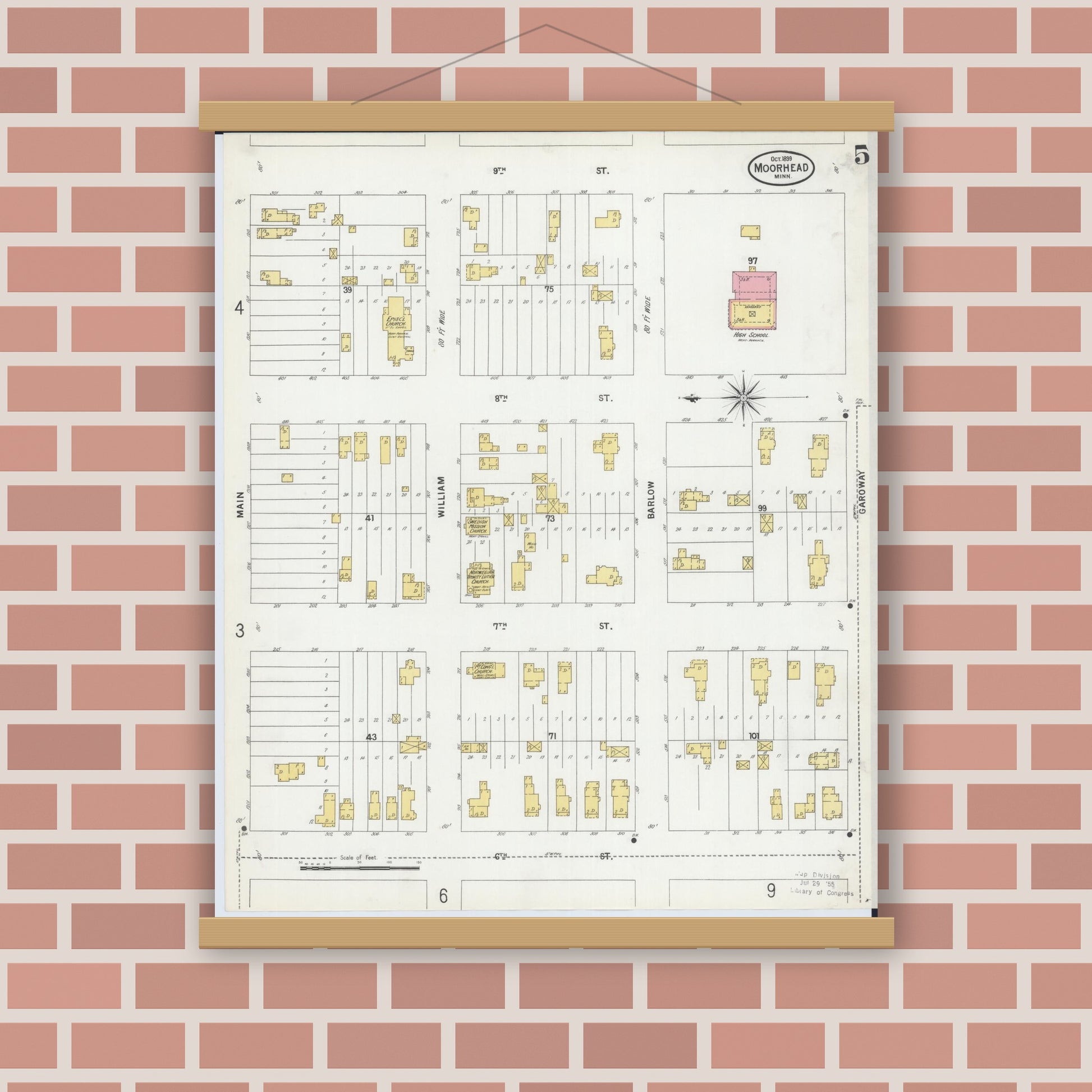 Old map wall art mockup — magnetic wood frame on brick wall — Sanborn Fire Insurance Map from Moorhead, Clay County, Minnesota (1899), Sheet #0005