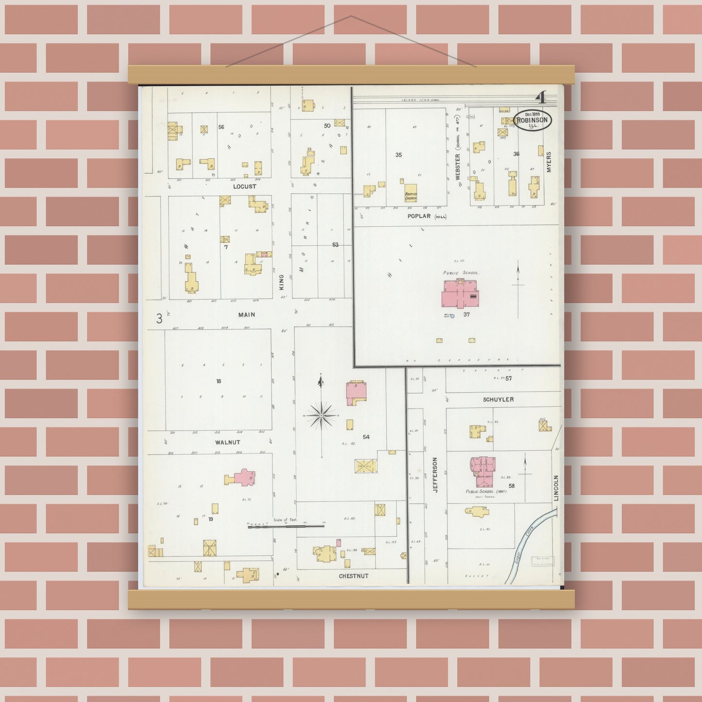 Old map wall art mockup — magnetic wood frame on brick wall — Sanborn Fire Insurance Map from Robinson, Crawford County, Illinois (1899), Sheet #0004
