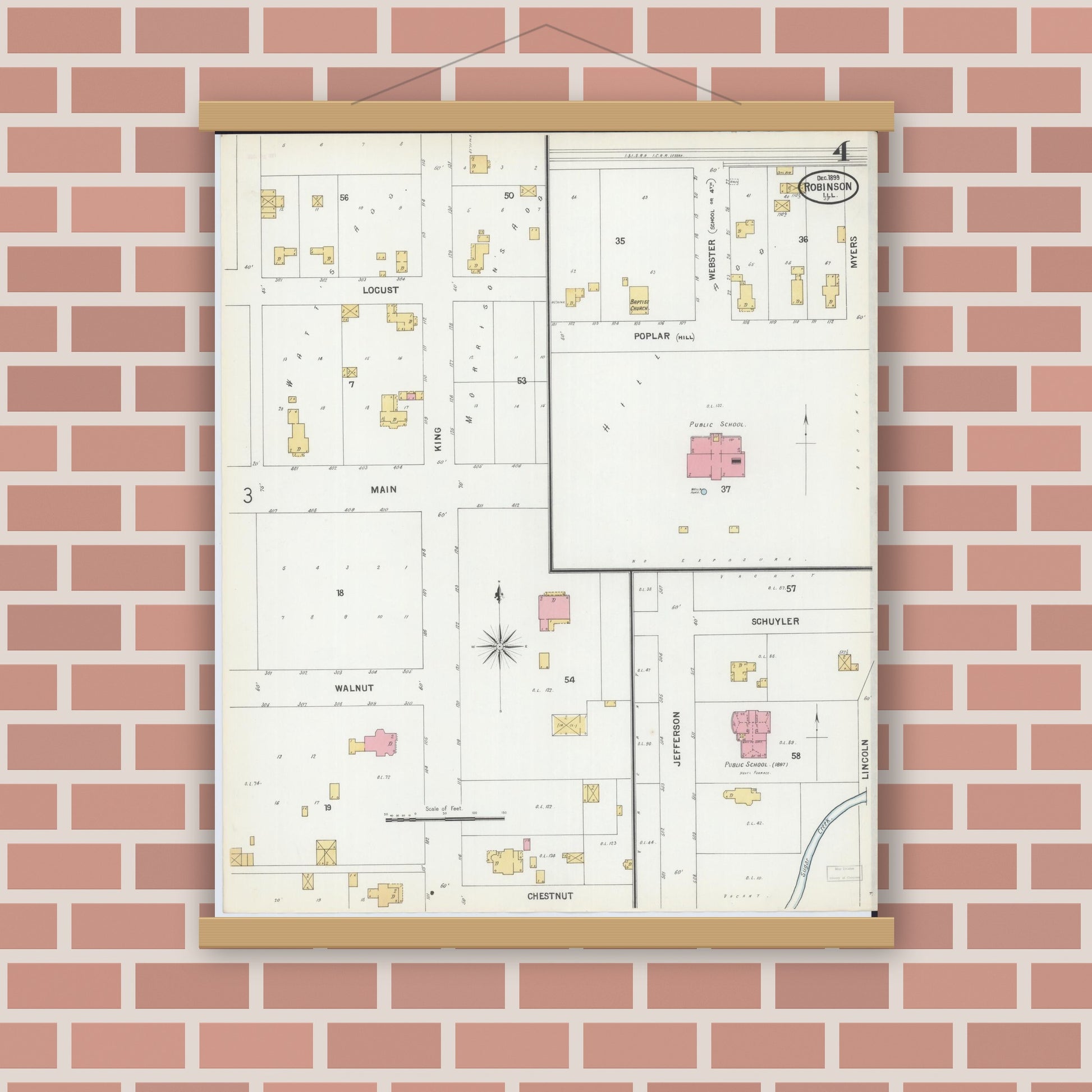 Old map wall art mockup — magnetic wood frame on brick wall — Sanborn Fire Insurance Map from Robinson, Crawford County, Illinois (1899), Sheet #0004
