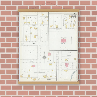 Old map wall art mockup — magnetic wood frame on brick wall — Sanborn Fire Insurance Map from Robinson, Crawford County, Illinois (1899), Sheet #0004