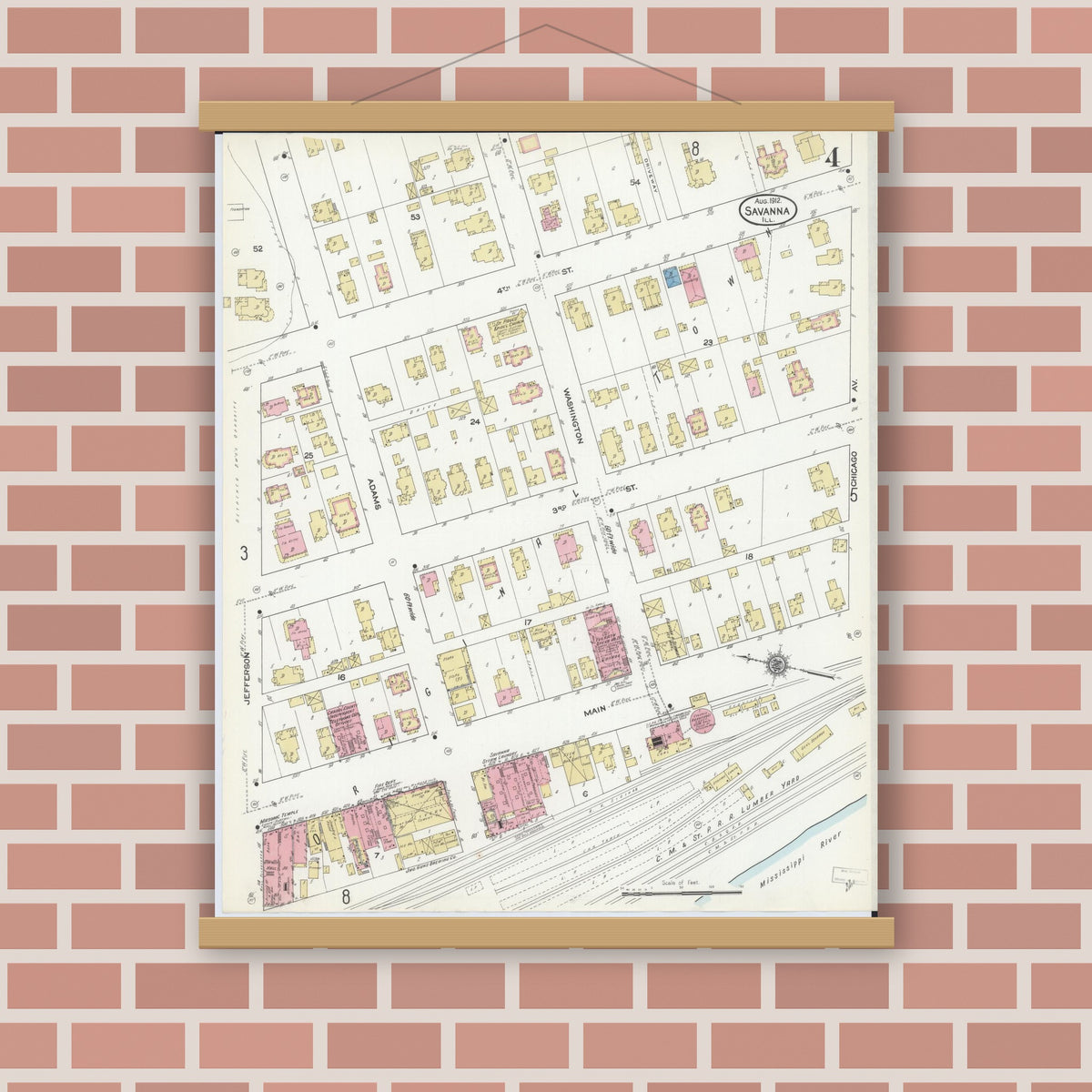 Old map wall art mockup — magnetic wood frame on brick wall — Sanborn Fire Insurance Map from Savanna, Carroll County, Illinois (1912), Sheet #0004