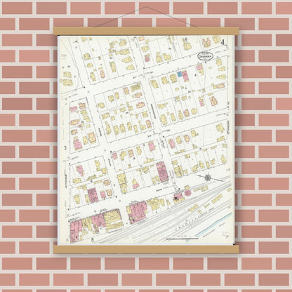 Old map wall art mockup — magnetic wood frame on brick wall — Sanborn Fire Insurance Map from Savanna, Carroll County, Illinois (1912), Sheet #0004