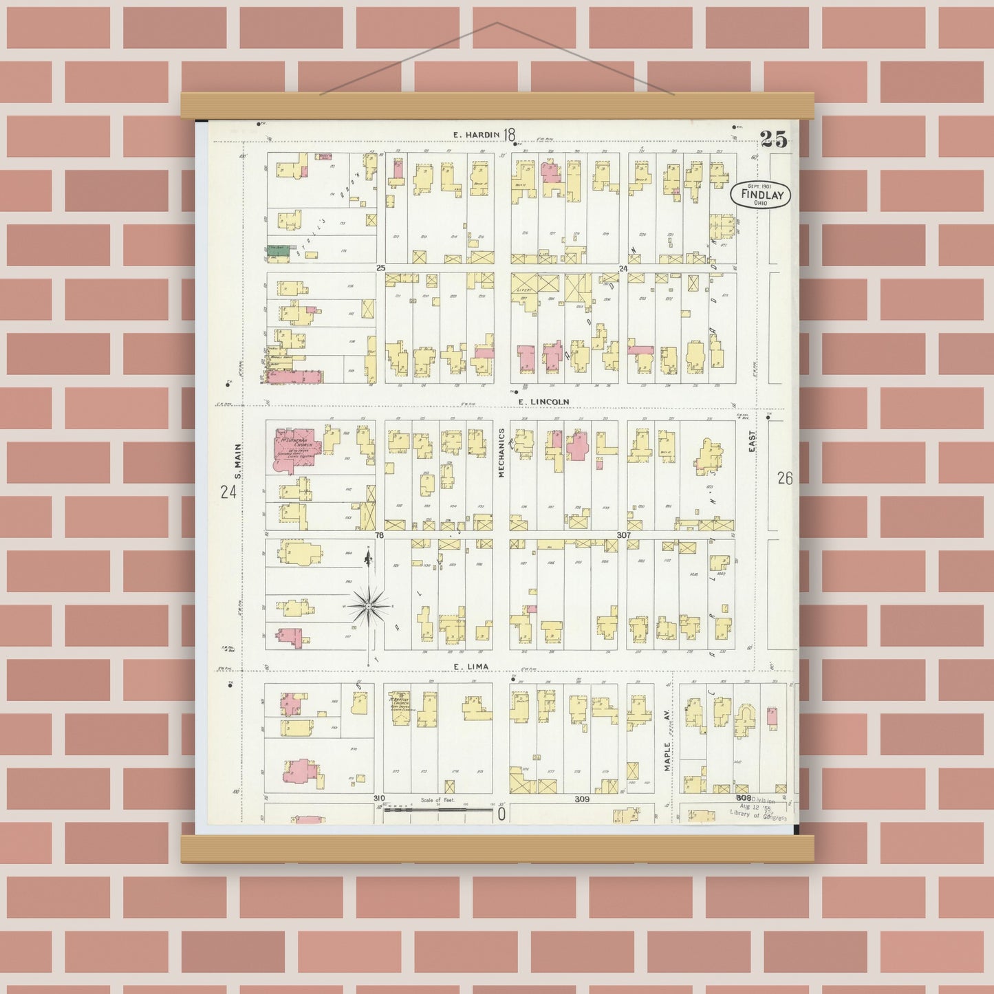 Old map wall art mockup — magnetic wood frame on brick wall — Sanborn Fire Insurance Map from Findlay, Hancock County, Ohio (1901), Sheet #0025