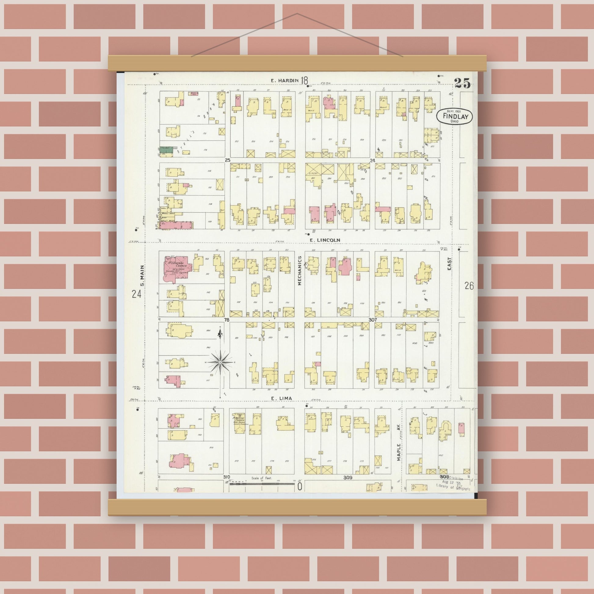 Old map wall art mockup — magnetic wood frame on brick wall — Sanborn Fire Insurance Map from Findlay, Hancock County, Ohio (1901), Sheet #0025