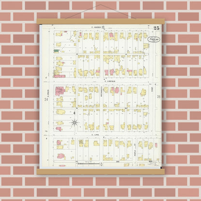 Old map wall art mockup — magnetic wood frame on brick wall — Sanborn Fire Insurance Map from Findlay, Hancock County, Ohio (1901), Sheet #0025