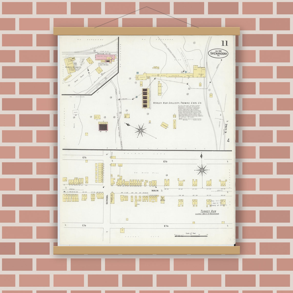Old map wall art mockup — magnetic wood frame on brick wall — Sanborn Fire Insurance Map from Shenandoah, Schuylkill County, Pennsylvania (1908), Sheet #0011