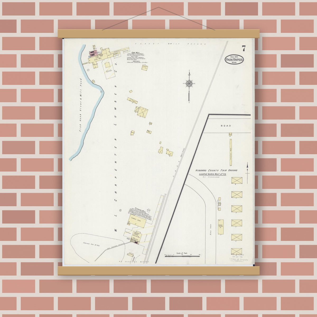Old map wall art mockup — magnetic wood frame on brick wall — Sanborn Fire Insurance Map from Park Rapids, Hubbard County, Minnesota (1914), Sheet #0007