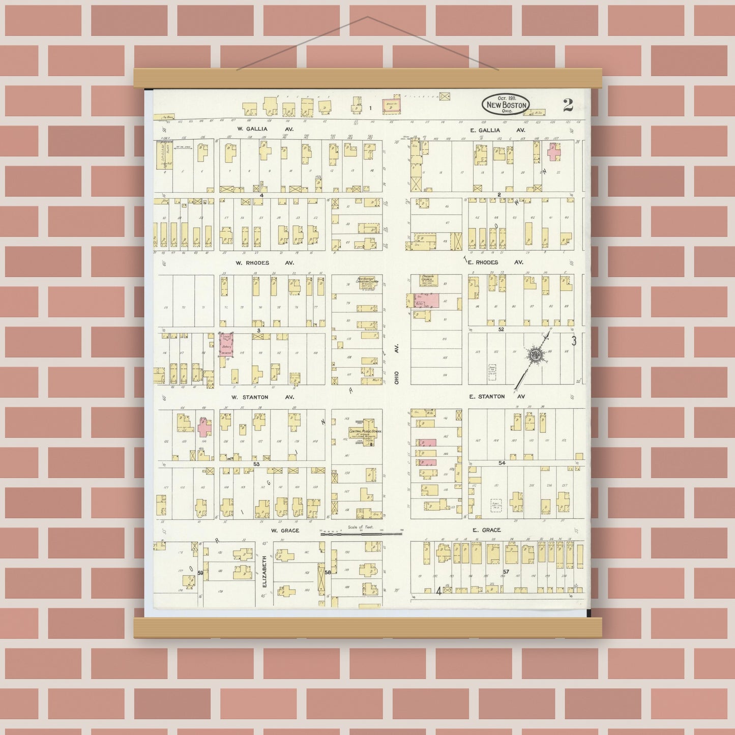 Old map wall art mockup — magnetic wood frame on brick wall — Sanborn Fire Insurance Map from New Boston, Scioto County, Ohio (1911), Sheet #0002