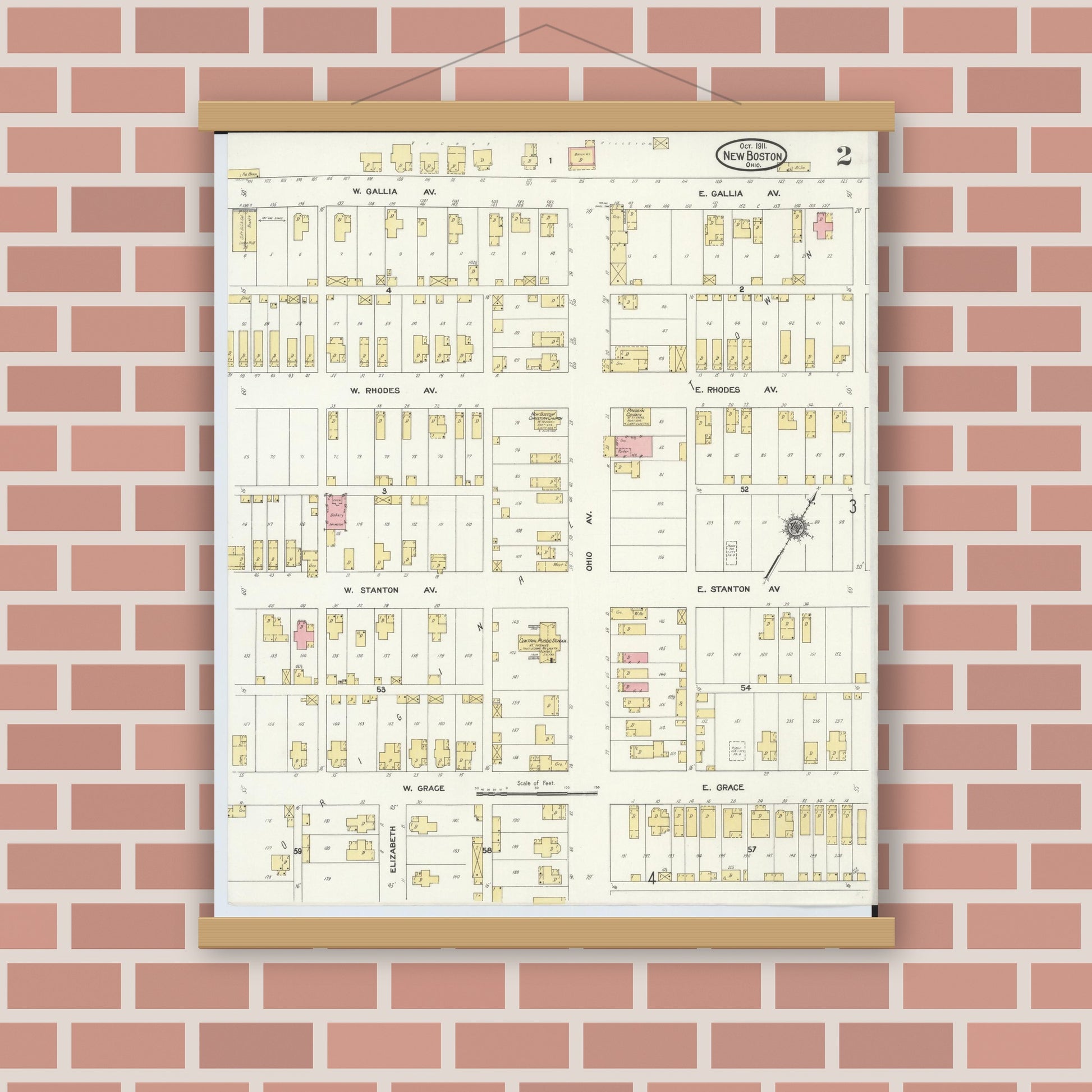 Old map wall art mockup — magnetic wood frame on brick wall — Sanborn Fire Insurance Map from New Boston, Scioto County, Ohio (1911), Sheet #0002