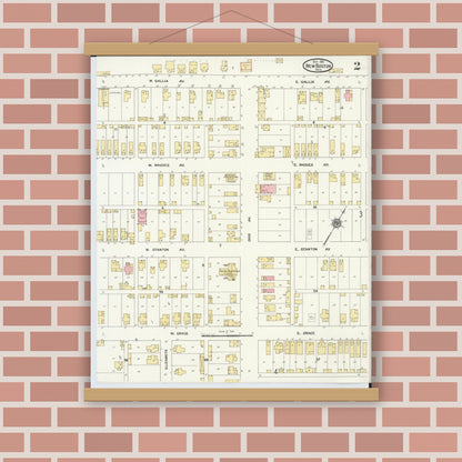 Old map wall art mockup — magnetic wood frame on brick wall — Sanborn Fire Insurance Map from New Boston, Scioto County, Ohio (1911), Sheet #0002