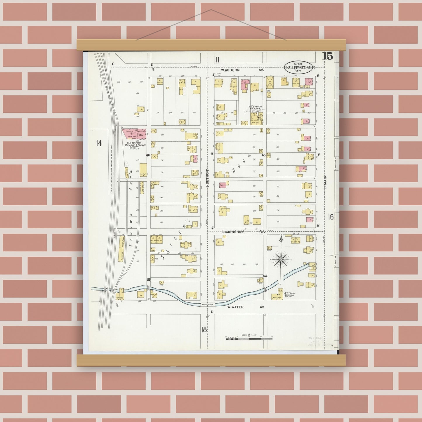 Old map wall art mockup — magnetic wood frame on brick wall — Sanborn Fire Insurance Map from Bellefontaine, Logan County, Ohio (1901), Sheet #0015