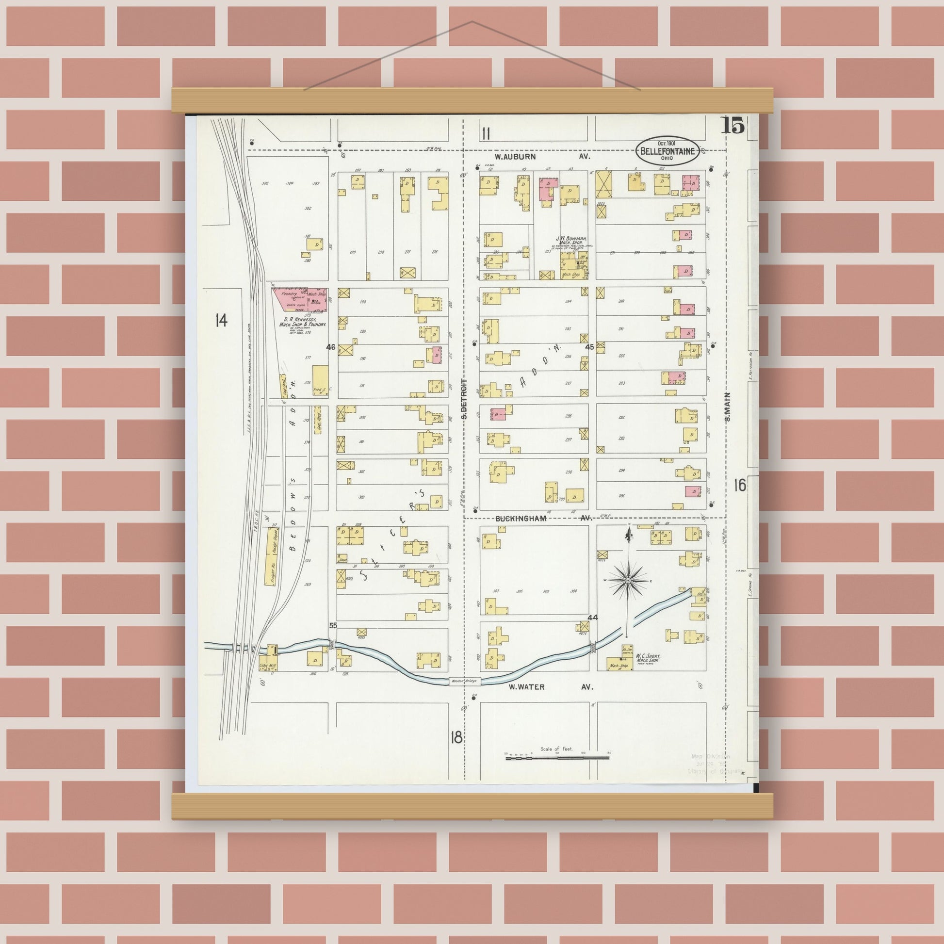 Old map wall art mockup — magnetic wood frame on brick wall — Sanborn Fire Insurance Map from Bellefontaine, Logan County, Ohio (1901), Sheet #0015