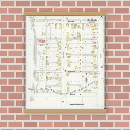 Old map wall art mockup — magnetic wood frame on brick wall — Sanborn Fire Insurance Map from Bellefontaine, Logan County, Ohio (1901), Sheet #0015
