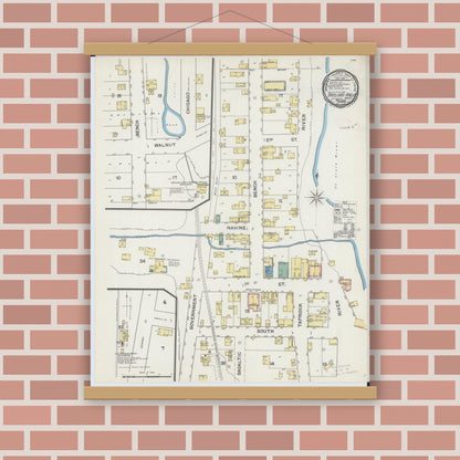 Old map wall art mockup — magnetic wood frame on brick wall — Sanborn Fire Insurance Map from Taylors Falls, Chisago County, Minnesota (1892), Sheet #0001