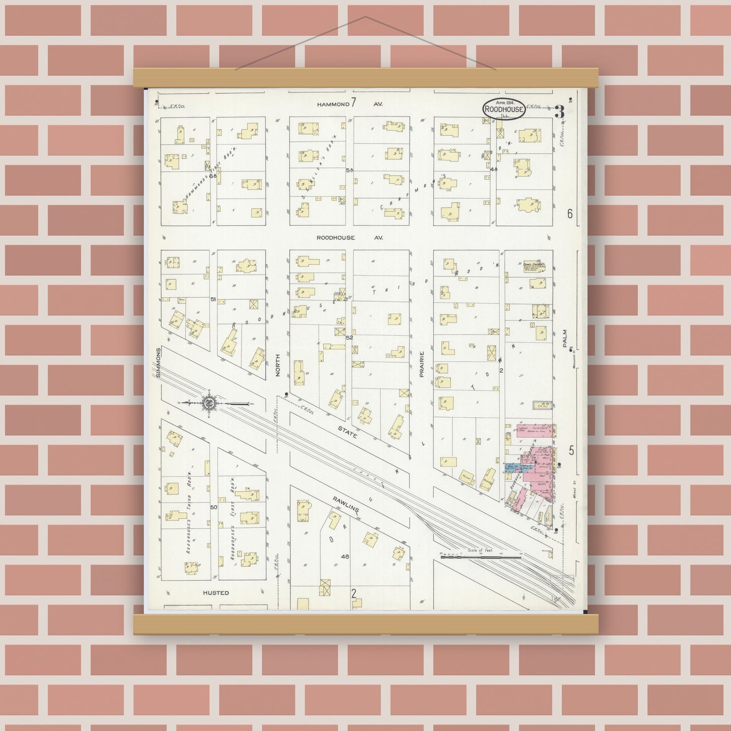 Old map wall art mockup — magnetic wood frame on brick wall — Sanborn Fire Insurance Map from Roodhouse, Greene County, Illinois (1914), Sheet #0003