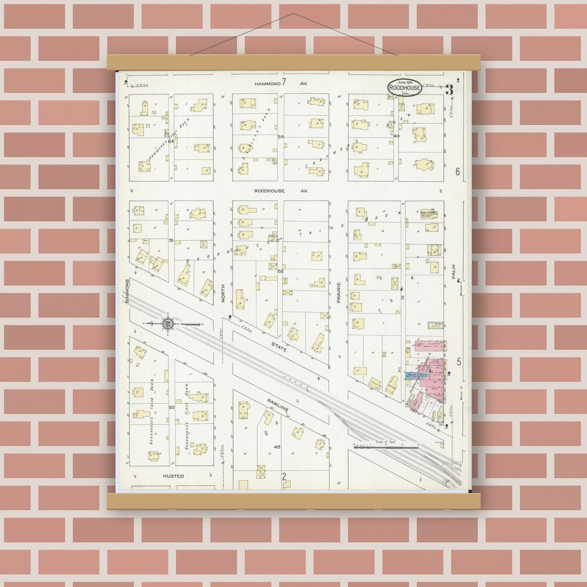 Old map wall art mockup — magnetic wood frame on brick wall — Sanborn Fire Insurance Map from Roodhouse, Greene County, Illinois (1914), Sheet #0003
