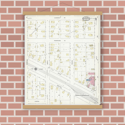 Old map wall art mockup — magnetic wood frame on brick wall — Sanborn Fire Insurance Map from Roodhouse, Greene County, Illinois (1914), Sheet #0003