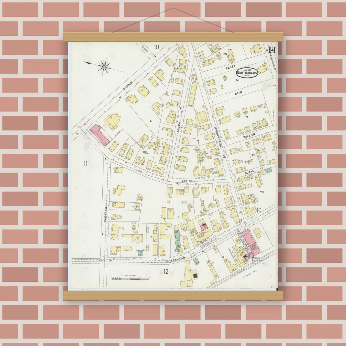 Old map wall art mockup — magnetic wood frame on brick wall — Sanborn Fire Insurance Map from North Adams, Berkshire County, Massachusetts (1897), Sheet #0014