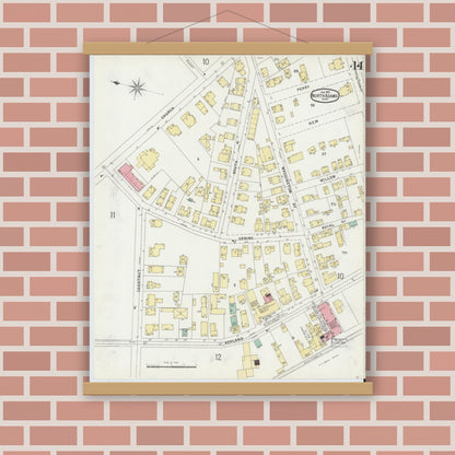Old map wall art mockup — magnetic wood frame on brick wall — Sanborn Fire Insurance Map from North Adams, Berkshire County, Massachusetts (1897), Sheet #0014