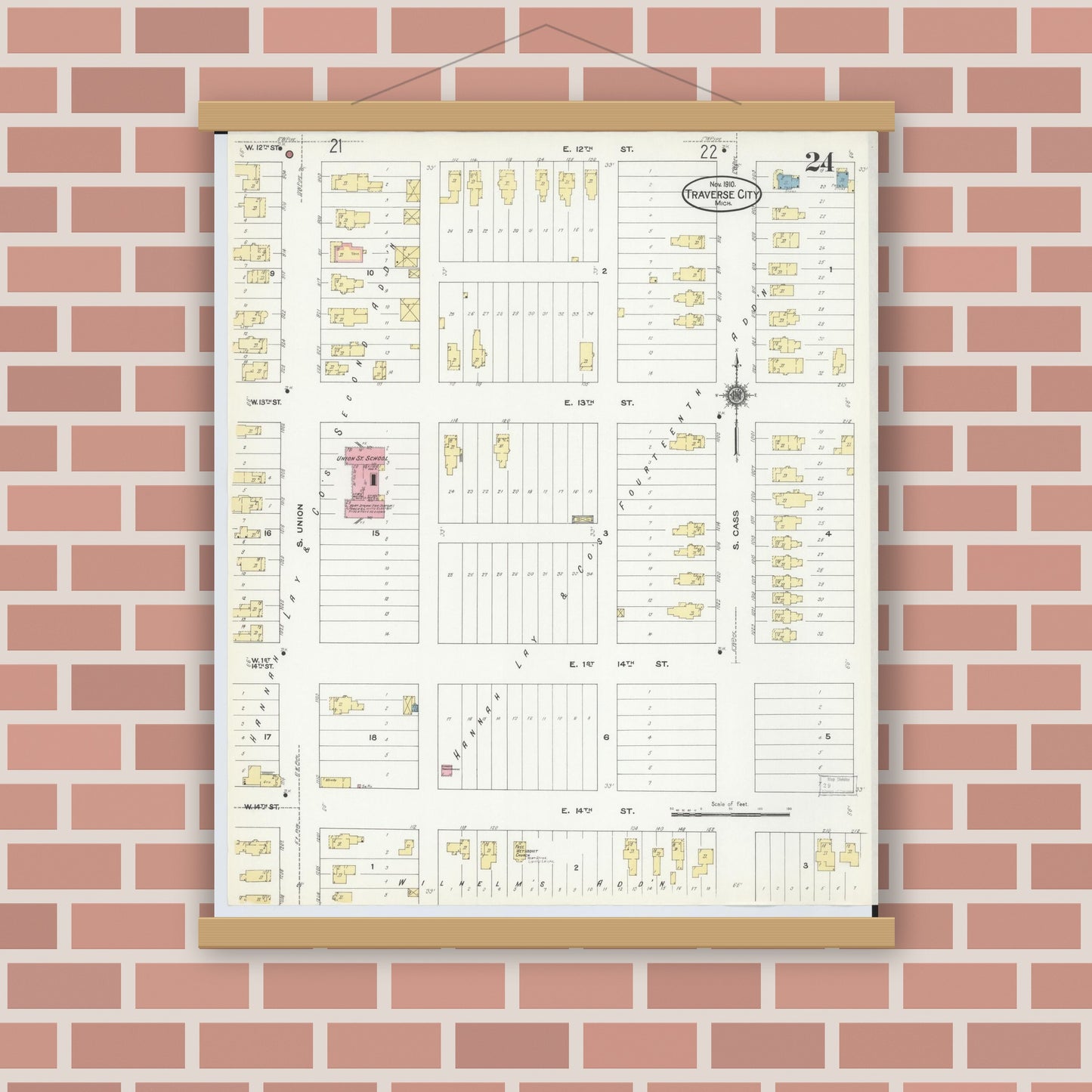 Old map wall art mockup — magnetic wood frame on brick wall — Sanborn Fire Insurance Map from Traverse City, Grand Traverse County, Michigan (1910), Sheet #0024