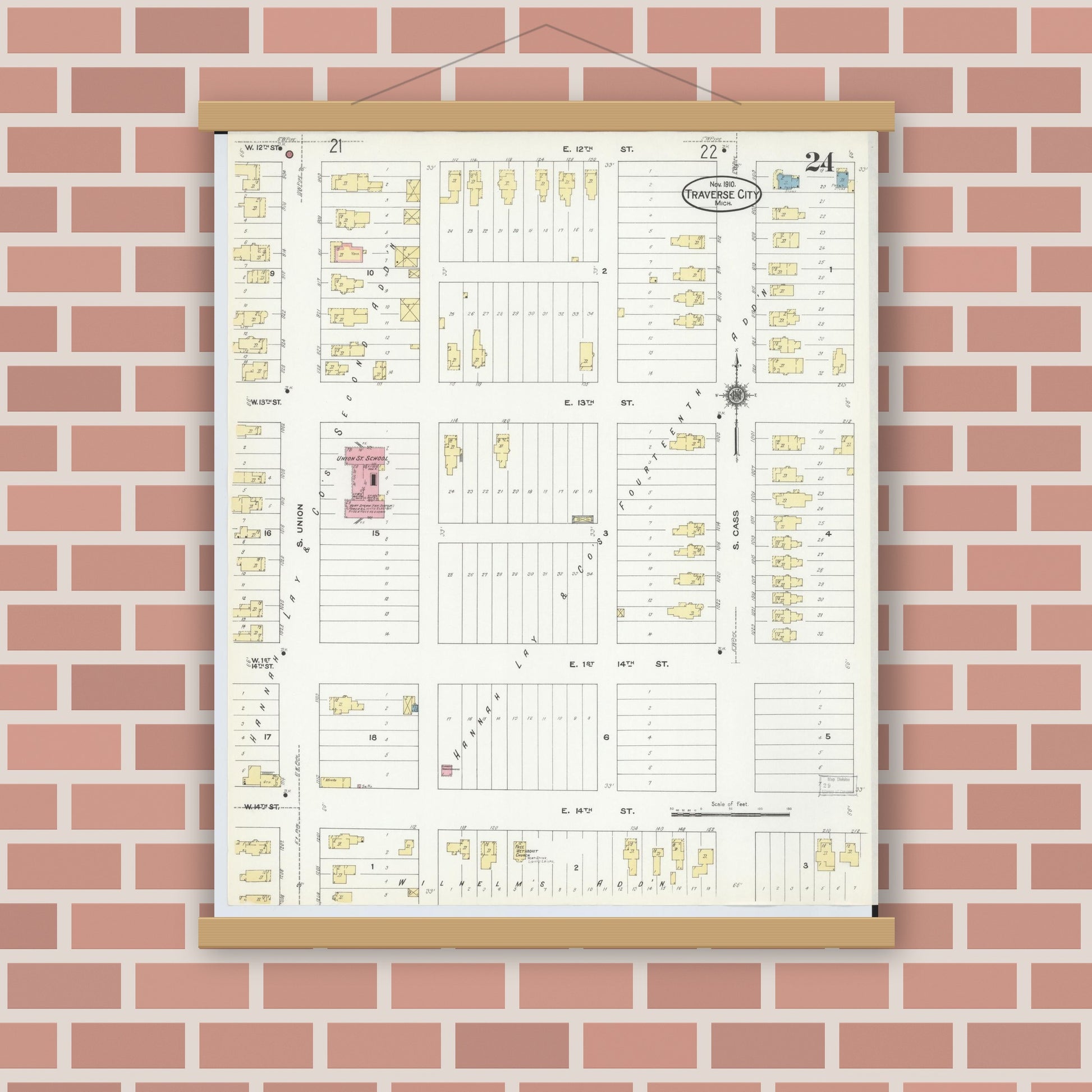 Old map wall art mockup — magnetic wood frame on brick wall — Sanborn Fire Insurance Map from Traverse City, Grand Traverse County, Michigan (1910), Sheet #0024