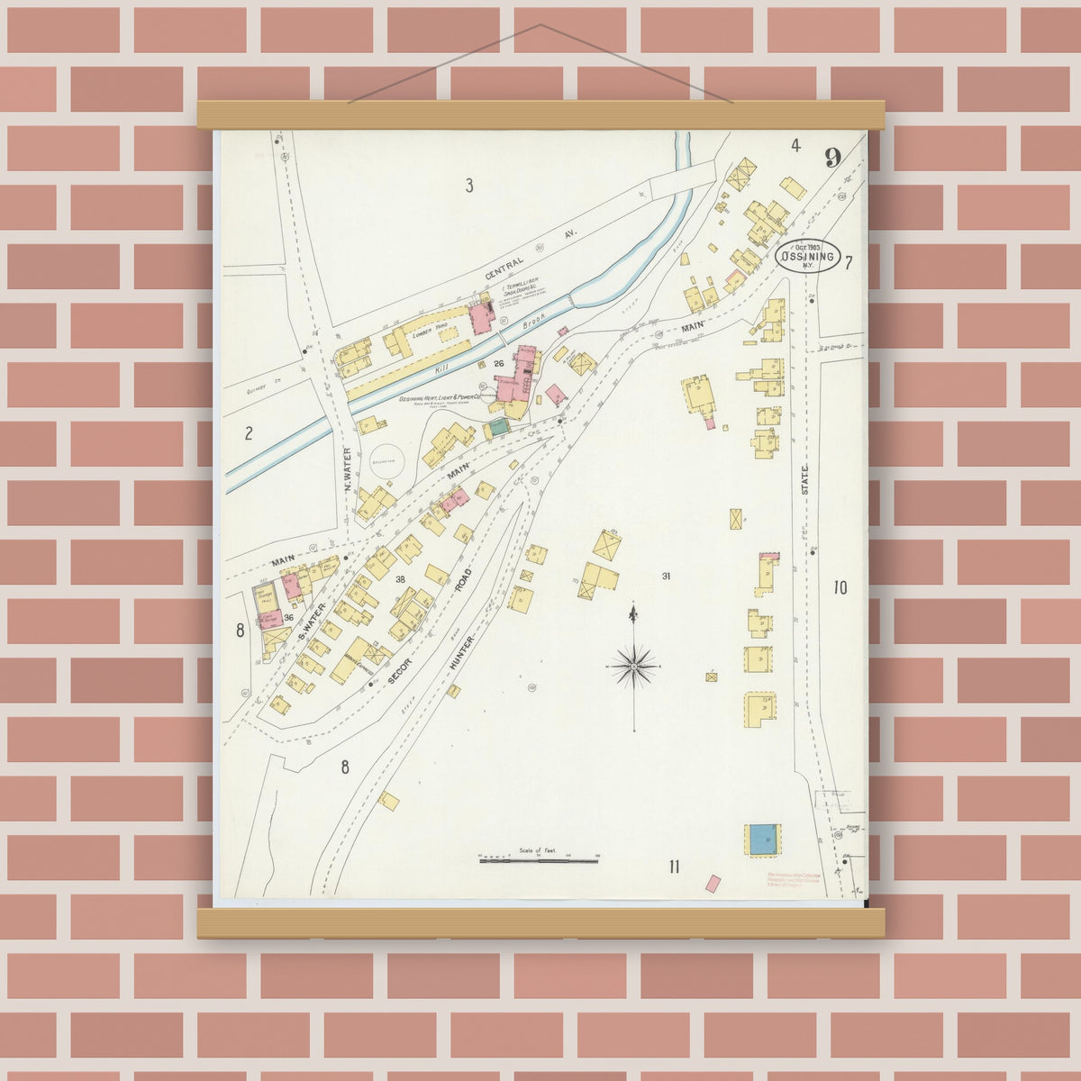 Old map wall art mockup — magnetic wood frame on brick wall — Sanborn Fire Insurance Map from Ossining, Westchester County, New York (1903), Sheet #0009