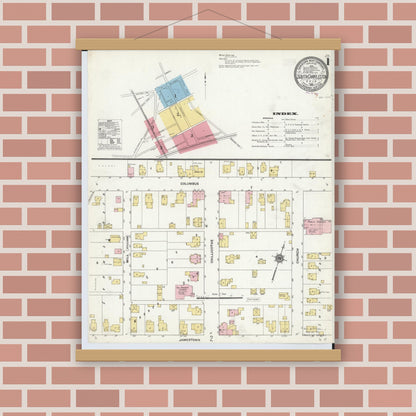Old map wall art mockup — magnetic wood frame on brick wall — Sanborn Fire Insurance Map from South Charleston, Clark County, Ohio (1910), Sheet #0001