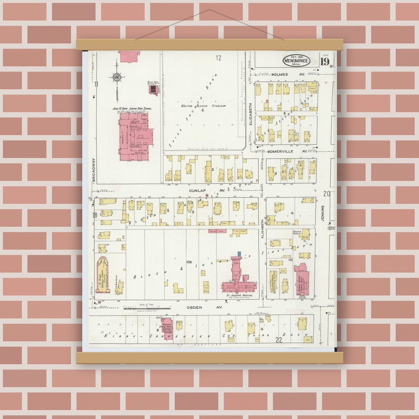 Old map wall art mockup — magnetic wood frame on brick wall — Sanborn Fire Insurance Map from Menominee, Menominee County, Michigan (1921), Sheet #0019